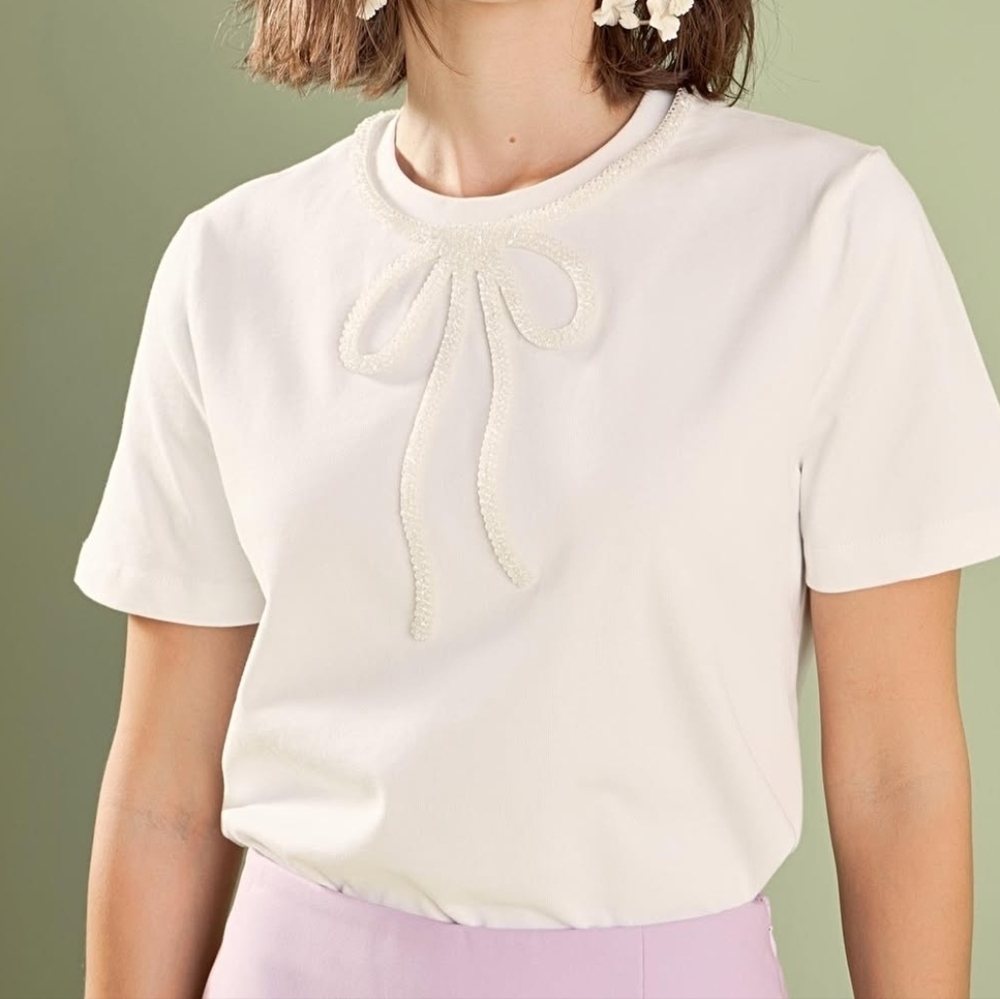 NWT English Factory White Beaded Bow Tee